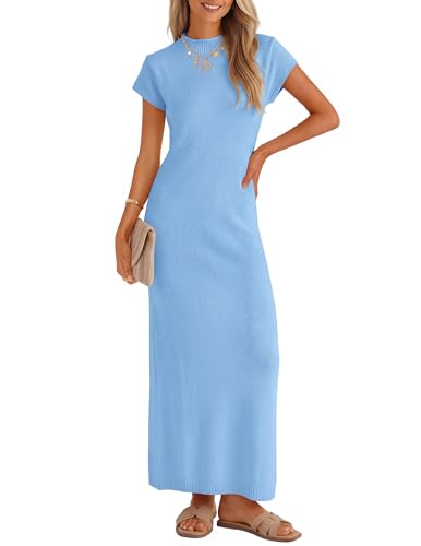 ZESICA Womens Bodycon Knit Short Sleeve Sweater Maxi Dress - color: Blue, size: X-Large