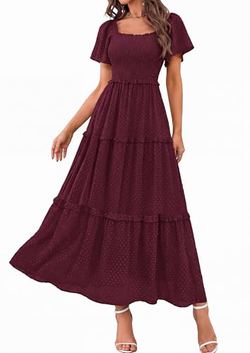 PRETTYGARDEN Womens Summer Dresses Boho Maxi Swiss Dot Dress - color: Wine Red, size: X-Large