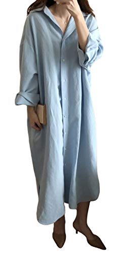 GGUHHU Womens Chic Button Down Rolled-Up Sleeve Long Cotton Blouse Maxi Dress - color: Light Blue, size: Small