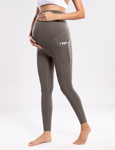 POSHDIVAH Maternity Workout Leggings with Pockets Ultra Soft Yoga Pants - color: Coffee, size: Small