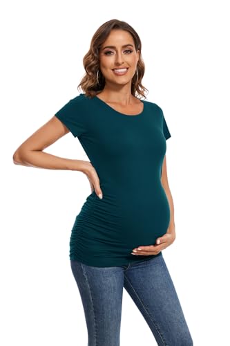 Smallshow Women's 4 Pack Maternity Shirts Short Sleeve Pregnancy Tops Clothes - color: Black-deep Green-light Grey-teal(4 Pack), size: Small