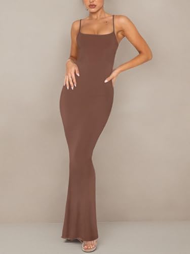 REORIA Women's Basic Sexy Lounge Slip Long Dress Elegant Sleeveless Backless Ribbed Bodycon Maxi Dresses - color: Coffee, size: Small