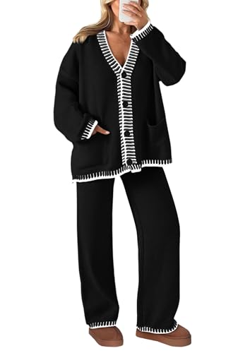 PRETTYGARDEN Women's Fall 2 Piece Knit Sweater Lounge Set - color: Black, size: Large