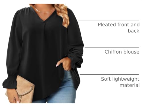 Eytino Women's Plus Size Long Sleeve Tops V Neck Chiffon Blouse - color: Black, size: 1X