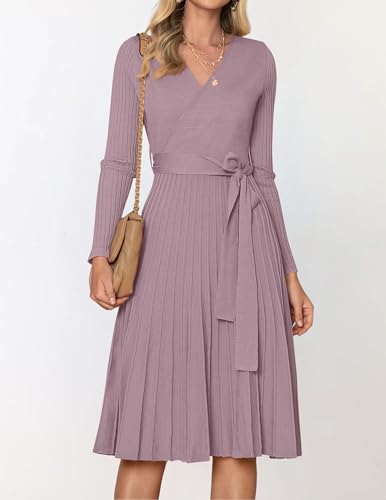 ZESICA Women's Long Sleeve Wrap Sweater Midi Dress with Belt - color: Darkviolet, size: X-Large