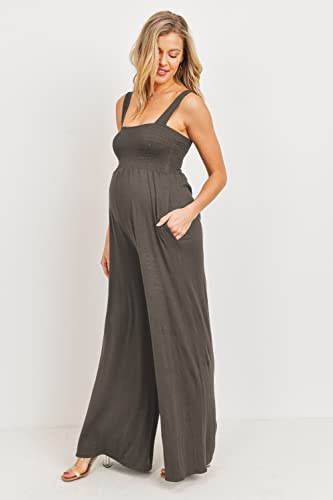 Women's Maternity Sleeveless Jumpsuit Romper with Smocked neck and pockets - color: Cocoa, size: Medium