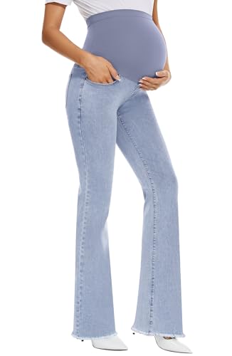 GLAMIX Women's Stretch Maternity Bootcut Jeans with Pockets Over The Belly Bell Bottoms Flare Denim Pants Pregnancy Clothes - color: Light Blue (Frayed Hem), size: X-Large