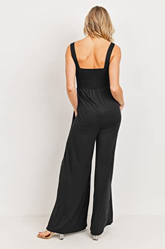 Women's Maternity Sleeveless Jumpsuit Romper with Smocked neck and pockets - color: Black, size: Medium