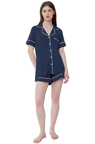Cherrydew Women's Bamboo Viscose Cooling Button Up Pajama Shorts Set - color: Navy, size: Small