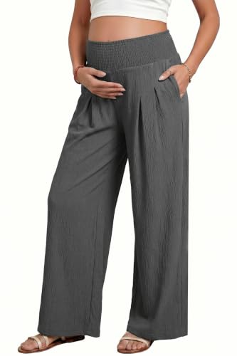 BLENCOT Women's Maternity Pants Smocked Palazzo Pregnancy Trousers - color: Carbon Grey, size: Medium