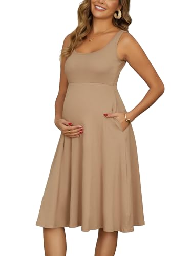 Women's Maternity Dress with Pockets Sleeveless Square Neck - color: Khaki, size: Medium