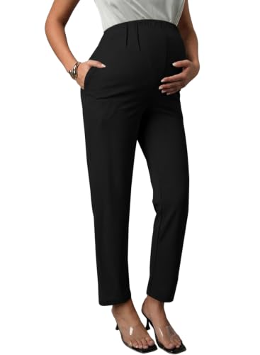 BLENCOT Maternity Work Pants Over Belly Adjustable Pregnancy Comfy Office - color: Black, size: Small