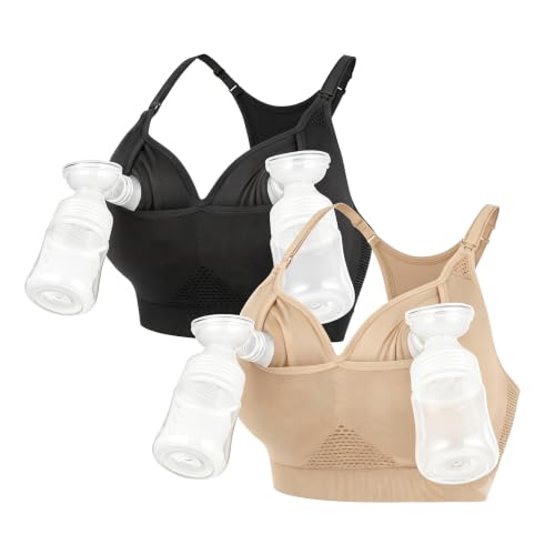 iloveSIA Nursing Bras for Mom Breastfeeding, Seamless Supportive Sleep Bra for Maternity Postpartum S-2XL 3Pack - color: Black+beige, size: Large