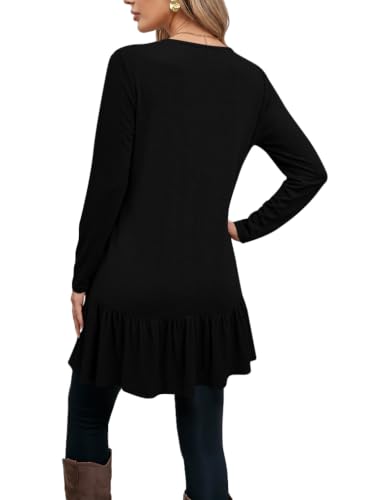 Poetsky Women Tops Long Sleeve Dressy Casual Ruffle Hem O Neck Tunics - color: Black, size: Large