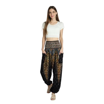 Tranquil Threads High-Waisted Boho Harem Yoga Pants for Women - color: Golden Black, size: Large
