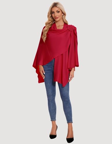 PULI Women Elegant Cross Front Floral Shawl Wraps Poncho Fall Winter - color: Red