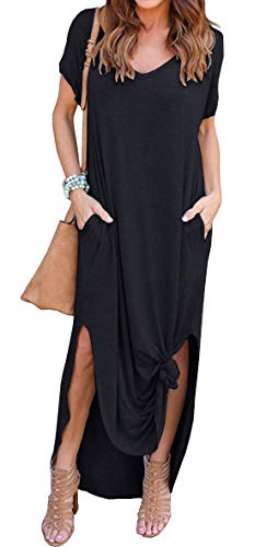 GRECERELLE Women's Summer Maxi Dress Casual Loose V Neck Short Sleeve Side Split Long Dresses with Functional Pockets - color: Black, size: Small