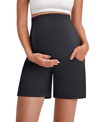 G4Free Maternity Shorts with Pockets Over The Belly Stretchy Pregnancy Yoga Pants Athletic Workout 6'' 10'' - color: Black, size: X-Small