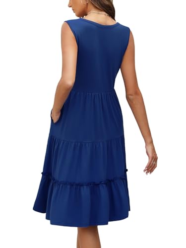 Summer Dresses for Women 2026 Flowy Casual Boho Midi Sun Dress with Pockets - color: Solid-blue, size: Medium