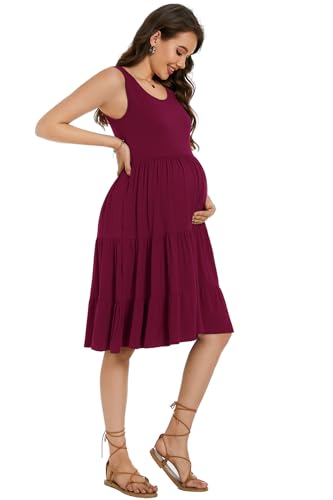 Smallshow Women's Sleeveless Ruffle Tank Maternity Dress - color: Maroon, size: Small