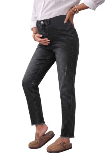 BLENCOT Womens Maternity Jeans High Waisted Pregnancy Denim Pants - color: Black Grey, size: Small