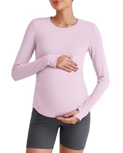 G4Free BareFeel Pregnancy Workout Tops Maternity Long Sleeve Shirts Ruches - color: Blush, size: Large