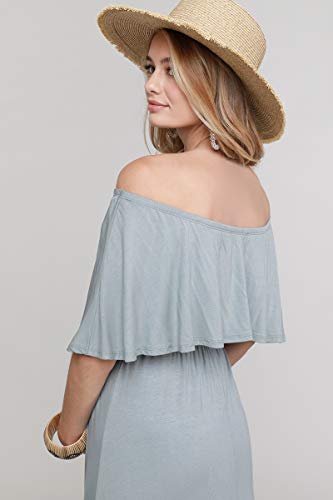 My Bump Women's Ruffle Off The Shoulder Maxi Maternity Dress-Made in USA - color: Blue Grey Solid, size: Medium
