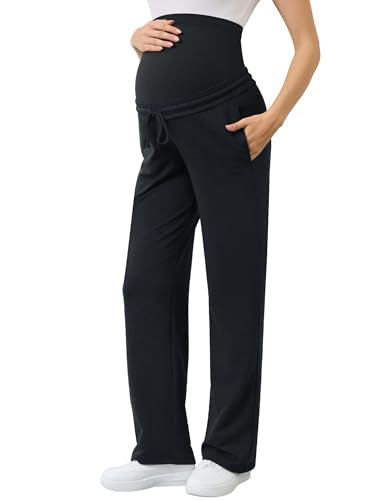 PACBREEZE Women's Maternity Pants Straight Leg Over Belly Casual Comfy Activewear Pregnancy Pants with Drawstrings(Black, Small)