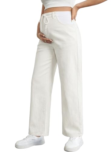 BLENCOT Maternity Jeans High Waisted Drawstring Straight Leg Denim Pants - color: White, size: Small