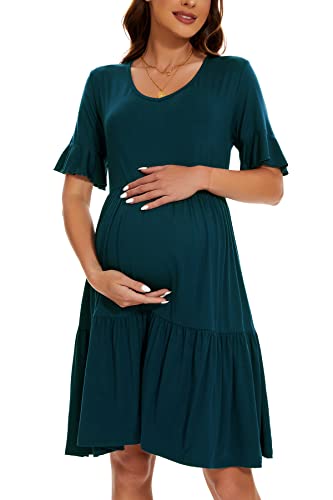 Smallshow Women's Maternity Dress Ruffle Short Sleeve Pregnancy Clothes - color: Teal, size: Small