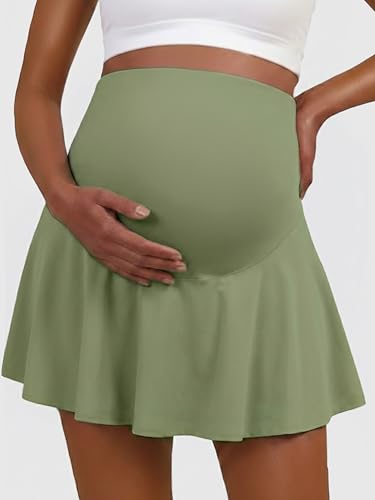 Ecavus Maternity Tennis Skirt, High Waisted Athletic Skirt with Pockets - color: Sage Green, size: Medium