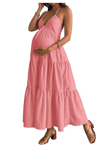 OYOANGLE Women's Summer Boho Maternity Dress Halter Flowy Baby Shower Dress - color: Pink, size: Medium