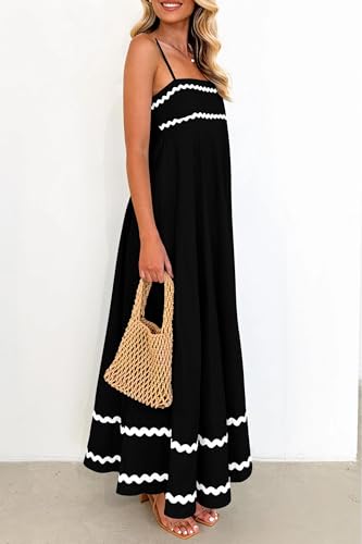 PRETTYGARDEN Women's Summer Spaghetti Strap Boho Maxi Dress - color: Black, size: Medium