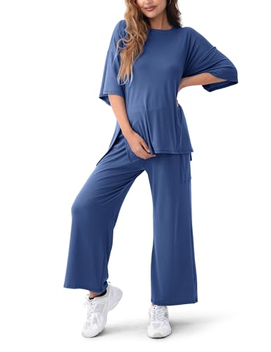 Maternity Lounge Set, 2 Piece Matching Set with Wide Leg Pants - color: Deep Blue, size: XX-Large