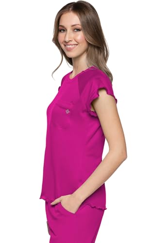 Med Couture Layers Womens Scrubs Top Rib Knit Neck Chest Pocket - color: Amp Pink, size: Small