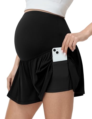 Foucome Womens 2 in 1 Maternity Athletic Shorts with Liner Pockets - color: Black, size: Medium