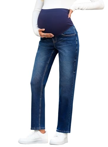 BLENCOT Women's Over Belly Maternity Ankle Jeans Stretchy Denim Pants - color: Dark Blue, size: Large