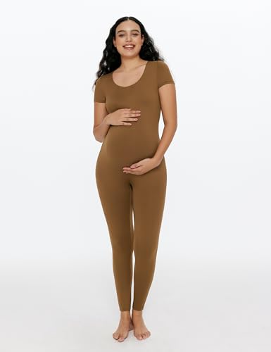 POSHDIVAH Maternity Jumpsuit Romper Leggings Short Sleeve - color: Brown, size: Small