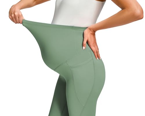 JOYSPELS Smooth Feeling Maternity Workout Leggings with Pockets Pregnancy Pants Over The Belly - color: Greyish Green, size: Small
