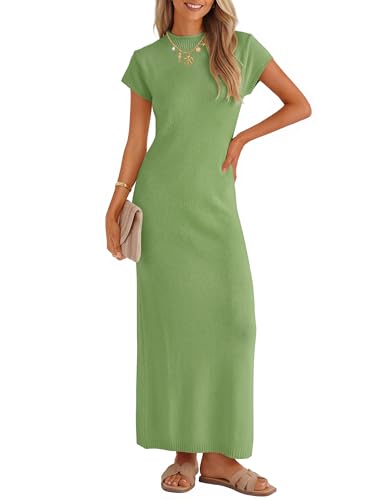 ZESICA Womens Bodycon Knit Short Sleeve Sweater Maxi Dress - color: Green, size: Medium