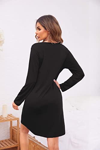 Ekouaer Women's Nightgowns Long Sleeve Button Down V Neck Pajama Dress - color: Black, size: Small