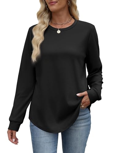 WIHOLL Sweatshirt for Women Crewneck Long Sleeve Shirts Curved Hem Lightweight Sweaters Fall Clothes 2025 - color: Black, size: Medium