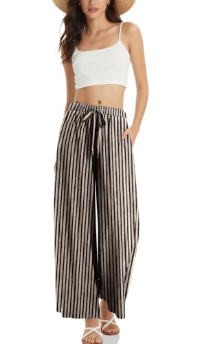 TARSE Women's Linen Wide Leg Pants with Pockets - color: Stripe Black Beige, size: X-Small