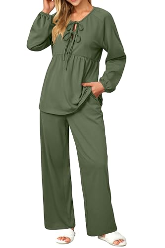 OUGES Womens Cotton Blend Maternity Pajama Sets Tie Front Loungewear Pregnancy Sleepwear Top & Long Pants with Pockets - color: Army Green, size: Small