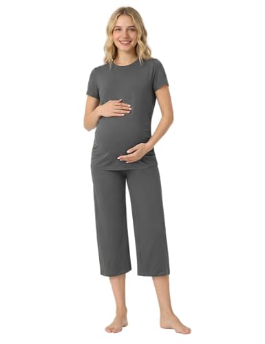 Womens Maternity Pajamas 2 Piece Set Short Sleeve - color: Dark Grey, size: Small