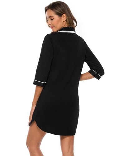 COLORFULLEAF Women 100% Cotton Nightgown 3/4 Sleeve Shirt Comfy Sleepwear - color: A1-black-button Up, size: Small
