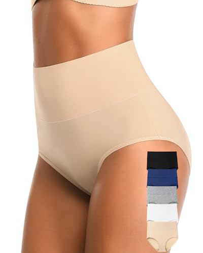 CULAYII Tummy Control Underwear Womens High Waisted Cotton Panties Breathable Full Coverage Postpartum Ladies Briefs - color: Multicoloured F - 5 Pack, size: Medium