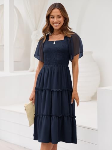 LILLUSORY Women Tiered Flutter Sleeve Square Neck Smocked Midi Dress - color: Navy Blue, size: Large