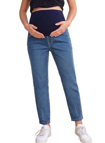 BLENCOT Maternity Jeans Over Belly Straight Leg High Waist Pregnancy Pant - color: Real Teal, size: Medium