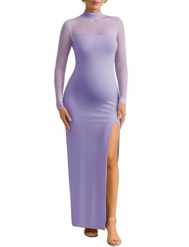 Dedysler Long Sleeve Wedding Guest Bodycon Maxi Dress Cocktail Party - color: Light Purple, size: Medium